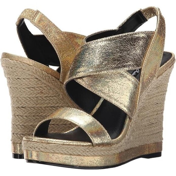 Michael Antonio Gerey Met Metallic Gold Strappy Espadrille Open Toe Wedge Size 9 - Picture 1 of 12